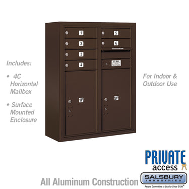 10 Door High Surface Mounted 4C Horizontal Mailbox with 6 Doors and 2 Parcel Lockers in Bronze with Private Access